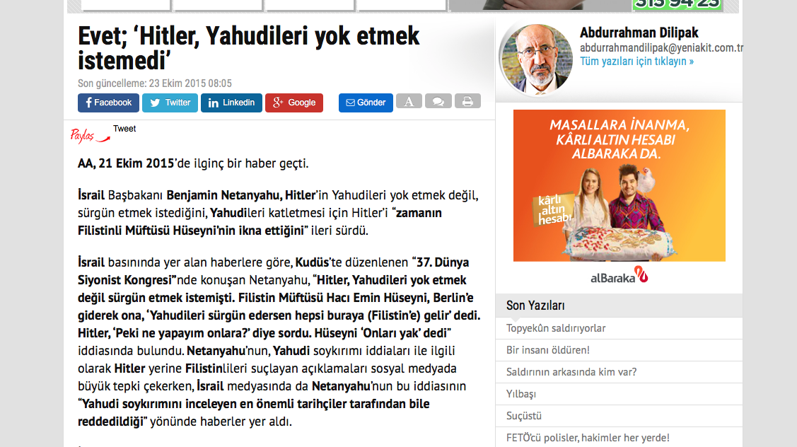 2015 titelte die Tageszeitung Yeni Akit "Ja; Hitler wollte die Juden nicht vernichten". Der Autor: Abdurrahman Dilipak. Screenshot Correctiv.Ruhr