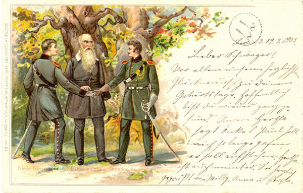 Friedrich Friesen, Ludwig Jahn, Theodor Körner reichen sich die Hand vor einer Eiche. Postkarte aus dem Jahre 1903.