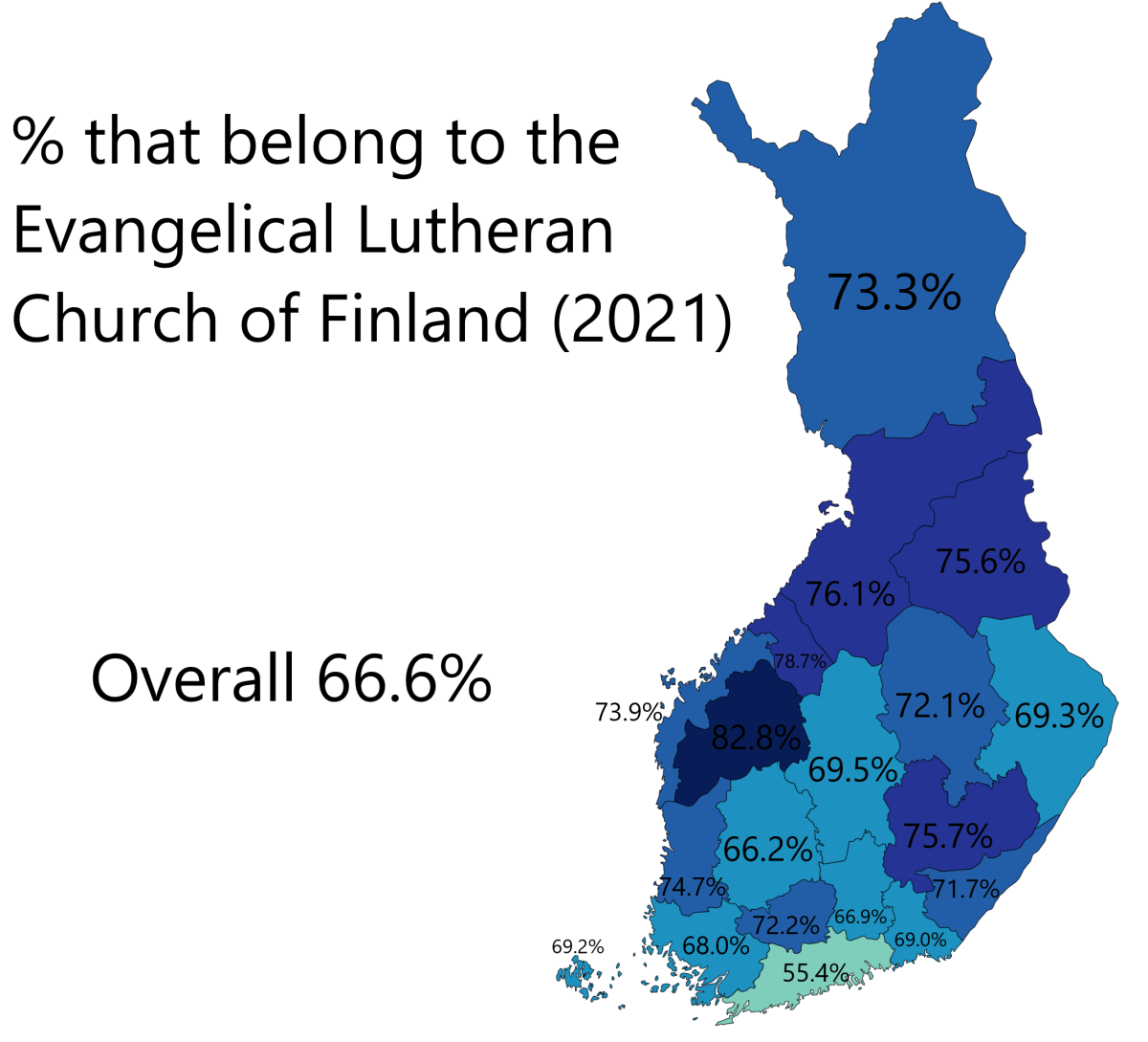 Finnland: Anteil der Mitglieder der evangelisch-lutherischen Kirche nach Regionen