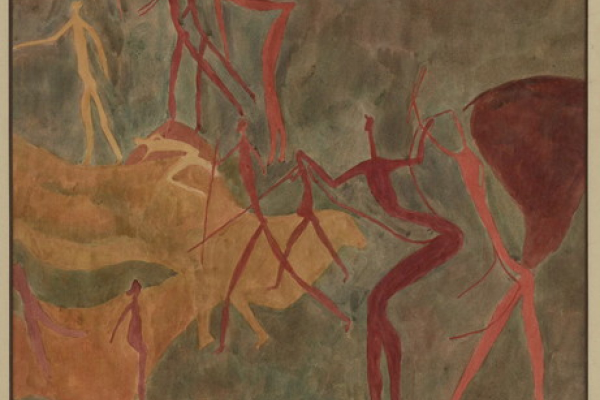 Elenantilopen und langgliedrige Menschen - Südafrika - Harrismith Southeys Hoek - 1500 vor - 1500 nach der Zeitenwende - Aquarell von Elisabeth Mannfeld (1929)