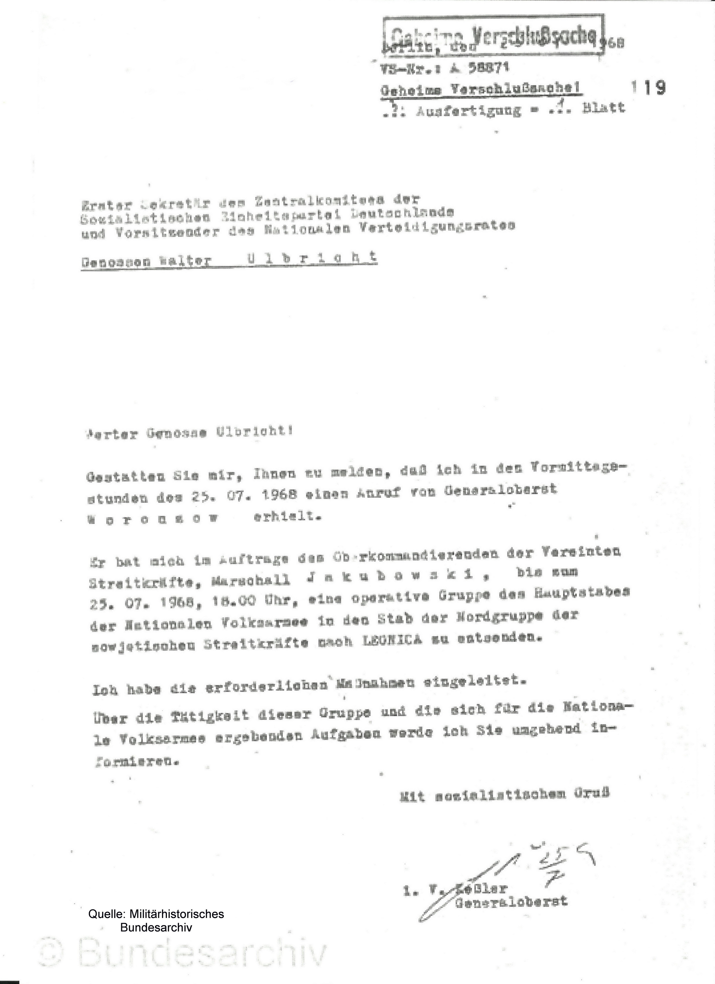 Brief von Armeegeneral Hoffmann an Walter Ulbricht, Quelle: Militäthistorisches Bundesarchiv