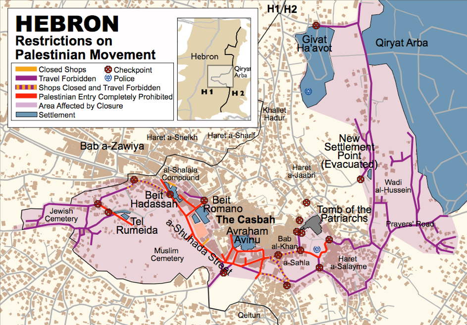 Teilung Hebrons in H1 und H2: Die Bewegungsfreiheit von Palästinenser ist eingeschränkt, Foto: B‘Tselem