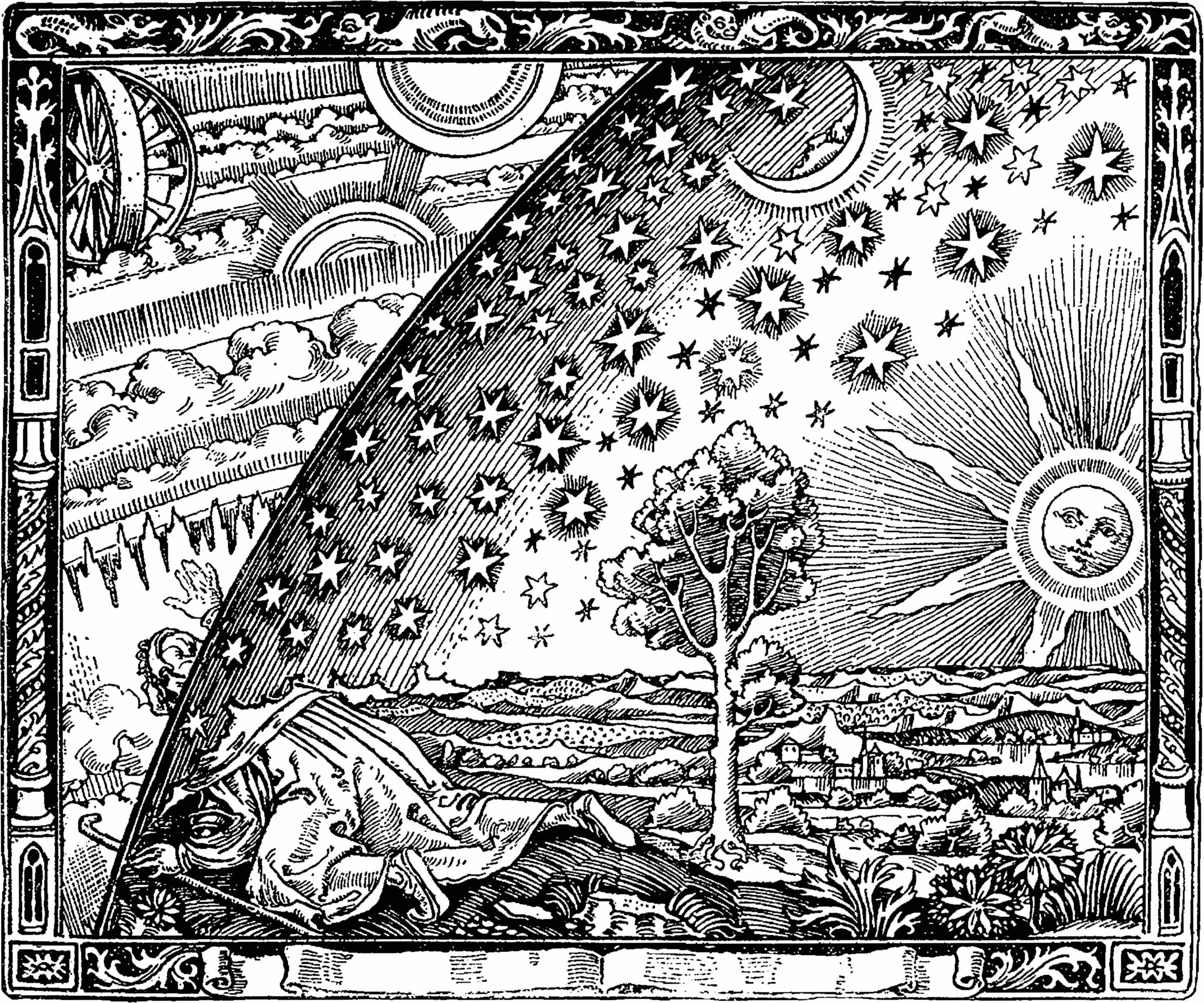 Flammarions Holzstich – erstmals erschienen in L’atmosphère, Paris 1888, als Illustration zu La forme du ciel im Kapitel Le jour, gemeinfrei