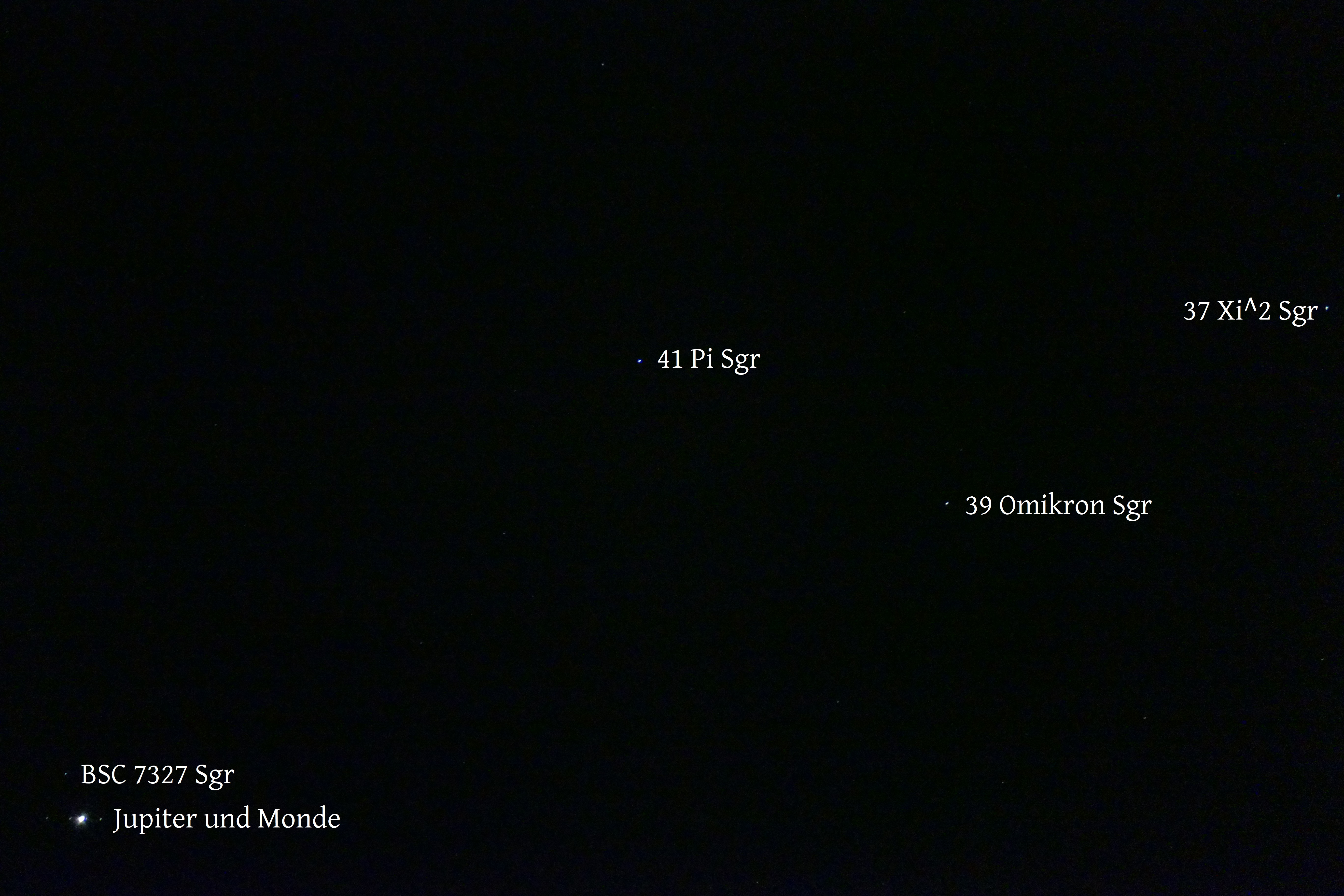 Abb. 6: Aufnahme vom 12.10.2020, 21:34 (wie Bild (d) aus Abb. 4, aber mit 400 mm Brennweite), die die Jupiter-Position im Sternbild Schütze mit den Sgr-Hintergrundsternen zeigt (Sgr = Sagittarius = Schütze).