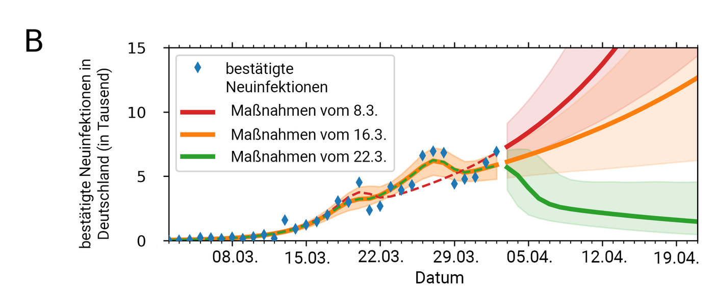 Zahl der Corona-Neuinfektionen (Stand 2. April 2020):Die Simulation der Neuinfektionen (blaue Linie) mit Sars-CoV-2 des Göttinger Teams gibt die tatsächlichen Zahlen (blaue Rauten) bis dato sehr gut wieder. Auf diesen Daten beruht die Prognose, wie sich die Zahl der Neuinfektionen entwickelt hätte, wenn es bei den Beschränkungen um den 8. März (rote Linie) und dem zusätzlichen Maßnahmenpaket um den 16. März (orange Linie) geblieben wäre. In beiden Fällen hätte die Zahl der Neuinfektionen immer weiter zugenommen, auch wenn sie im zweiten Fall vorübergehend zurückgegangen wäre – Covid-19 hätte sich danach weiter exponentiell ausgebreitet. Für die Kontaktsperre vom 22. März sagt die Modellrechnung eine kontinuierliche Abnahme der Neuinfektionen voraus (grüne Linie). Ob diese Prognose stimmt, wird sich ab dem 8. April herauskristallisieren.