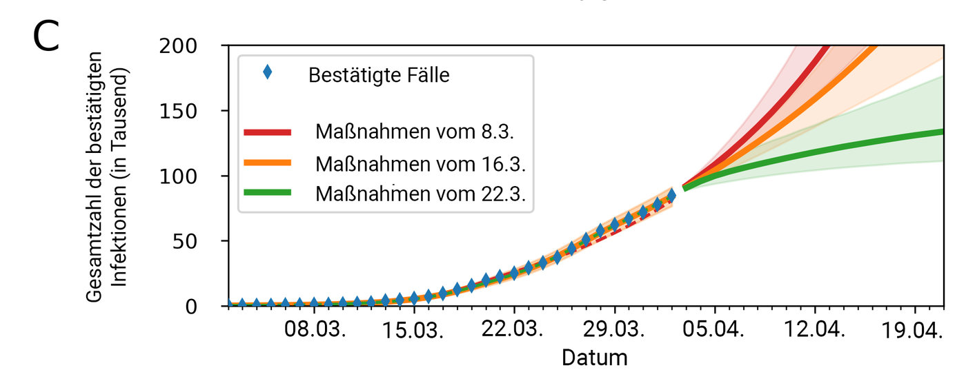 Zahl der bestätigten Corona-Infektionen (Stand 2. April 2020): Wie viele Menschen sich in Deutschland bis zum 2. April erwiesenermaßen mit dem Coronavirus angesteckt haben, gibt die Göttinger Modellrechnung gut wieder (gemeldete Zahl – blaue Rauten; Simulation – blaue Linie). Auf diesen Daten beruht die Prognose, wie sich die Zahl der bestätigten Infektionen entwickelt hätte, wenn es bei den Beschränkungen um den 8. März (rote Linie) und den zusätzlichen um den 16. März (orange Linie) geblieben wäre – in beiden Fällen hätte sich Covid-19 weiter exponentiell ausgebreitet. Für die Kontaktsperre vom 22. März ergibt die Simulation dagegen eine deutlich verlangsamte Ausbreitung (grüne Linie). Ob die Annahmen der Göttinger Forschenden, die in dieses Szenario eingeflossen sind, und damit die Prognose stimmen, wird sich ab dem 8. April zeigen.