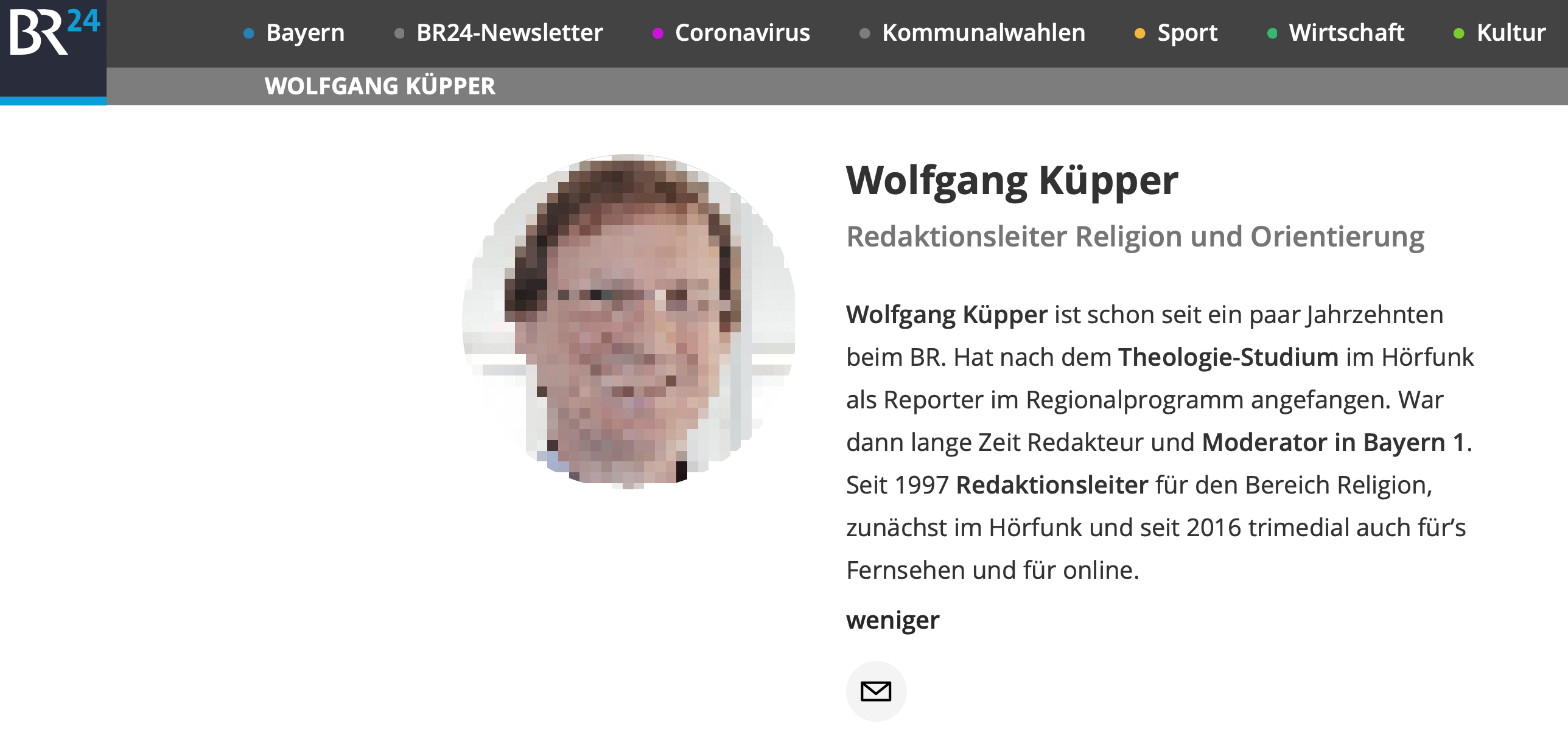 BR-Redaktionsleiter Wolfgang Küpper hat ebenfalls Theologie studiert und ging dann zum Rundfunk. (Foto aus urheberrechtlichen Gründen verpixelt.)