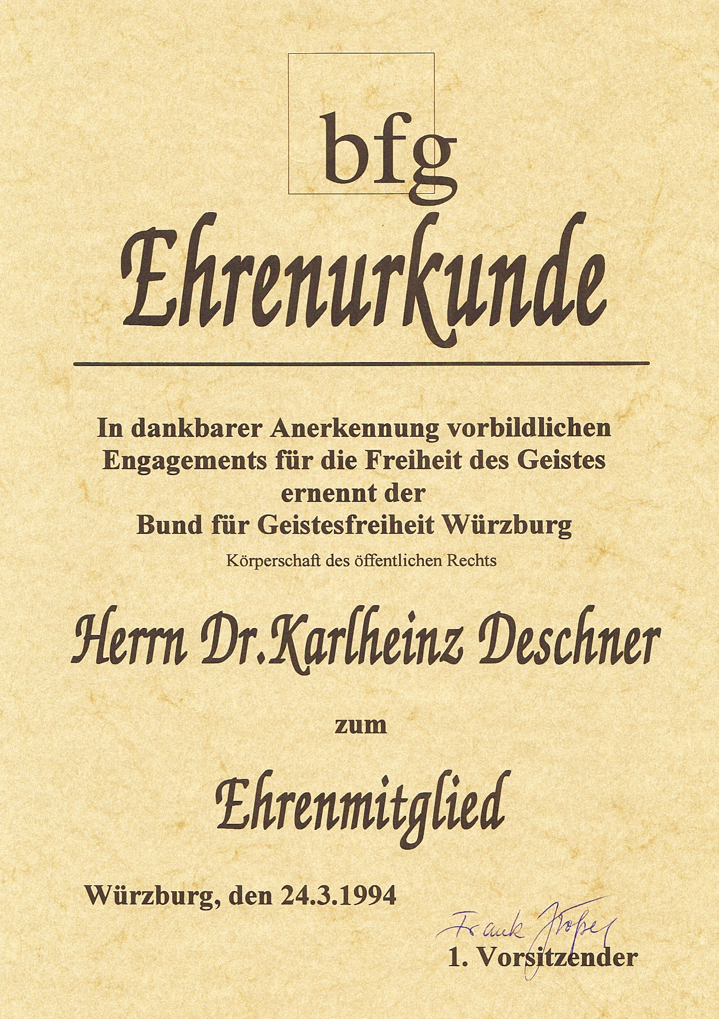Urkunde zur Ehrenmitgliedschaft im bfg Würzburg