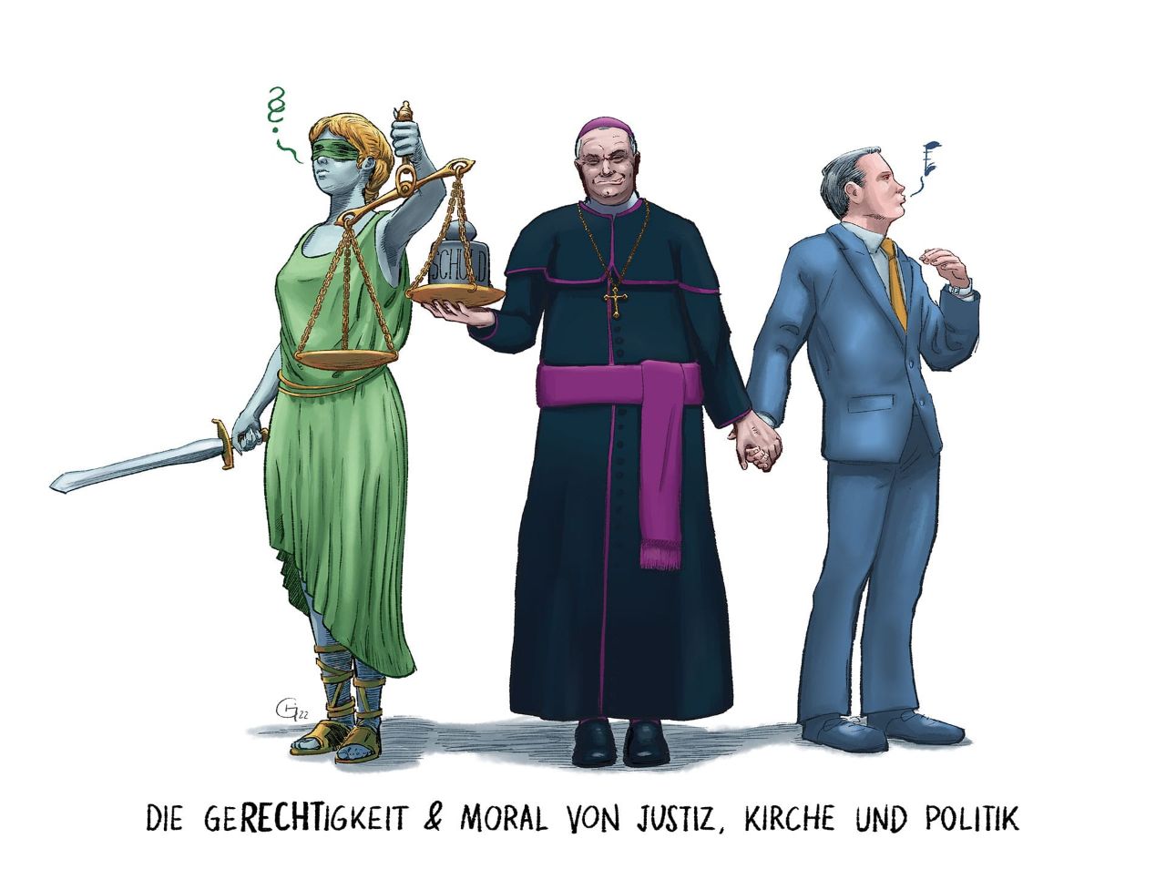 Zeichnung Justiz, Politik und Kirche