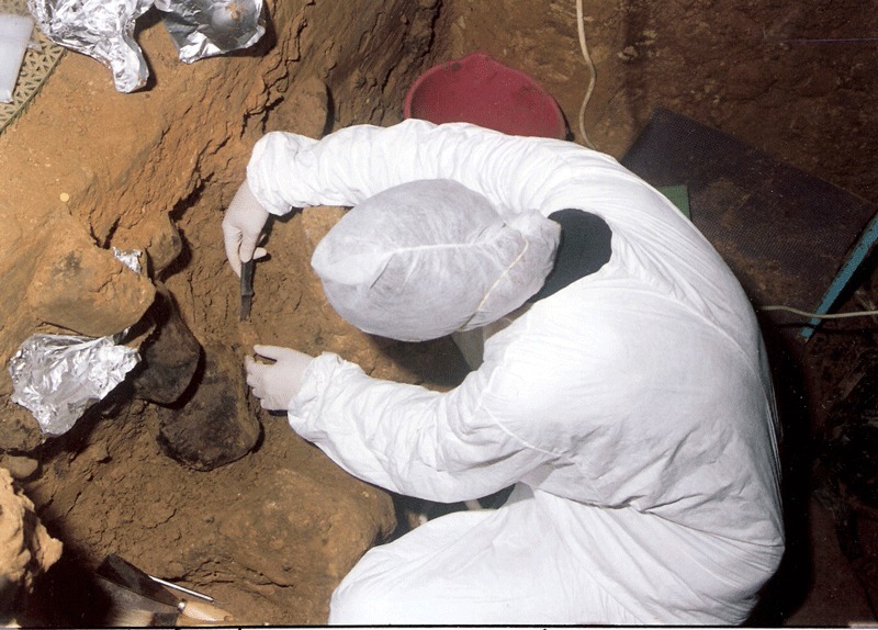 Auch in der Höhle El Sidrón in Spanien haben Forscher DNA-Spuren im Boden gefunden. Sie tragen während der Ausgrabungen Schutzkleidung, um ihre Funde nicht mit eigener DNA zu verunreinigen. © El Sidrón Forschungsteam