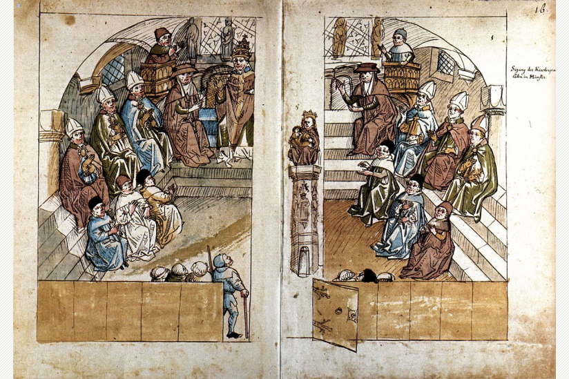 Konzilssitzung im Konstanzer Münster (aus der Chronik des Konzils von Konstanz des Ulrich Richental)