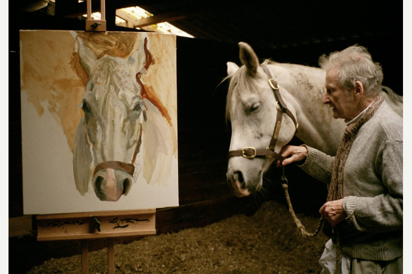 Lucian Freud mit dem betagten Schimmelwallach Grey Gelding - Portraitfoto David Dawson (2003)