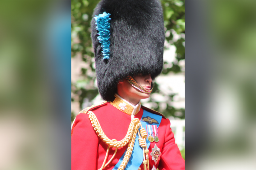 Prinz William, Duke of Cambridge, als Ehrenoberst der Irish Guards bei Trooping the Colour mit der Grenadiermütze seines Regiments (London 2013)
