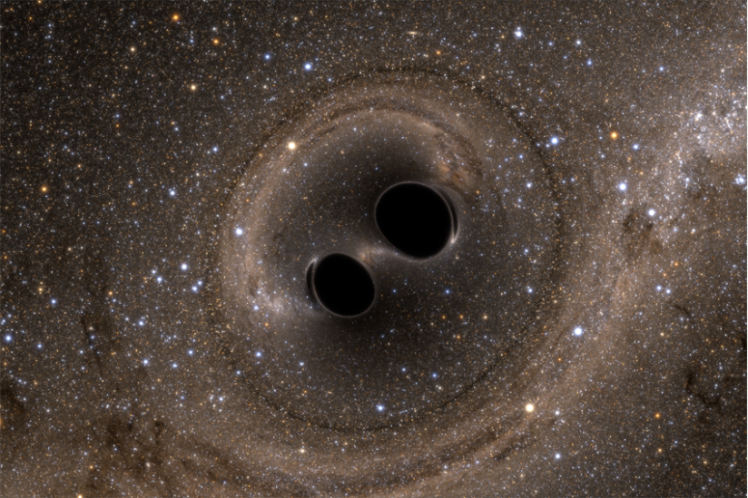 Aus zwei mach eins: Künstlerische Darstellung der Kollision zweier Schwarzer Löcher. Bei diesem Todestanz werden Gravitationswellen freigesetzt. 