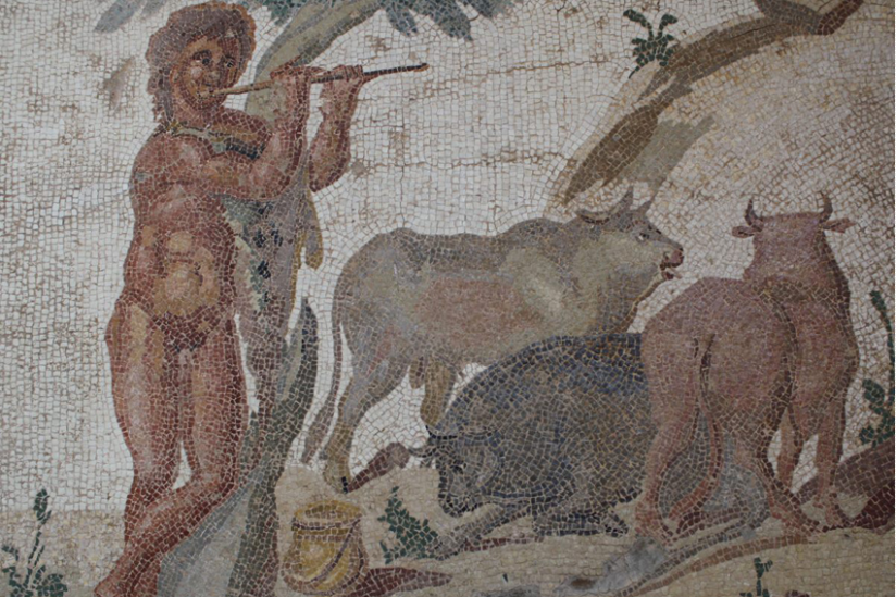 Bukolische Szene mit Rindern, Römisches Mosaik