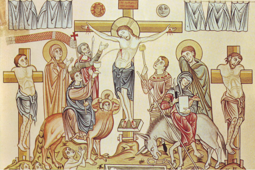 Die Kreuzigung Jesu Christi, Illustration aus dem Hortus Deliciarum der Herrad von Landsberg (12. Jahrhundert)