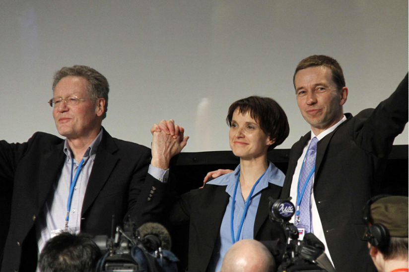 Konrad Adam, Frauke Petry und Bernd Lucke (v.l.n.r.) beim Gründungsparteitag der AfD 2013 in Berlin