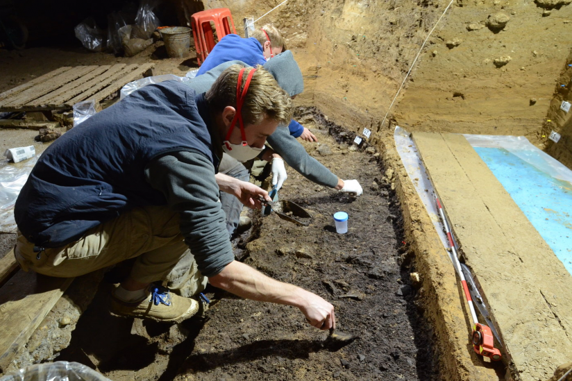 Ausgrabungsarbeiten in der IUP-Schicht I in der Bacho-Kiro-Höhle. Aus dieser Schicht wurden vier Homo-sapiens-Knochen sowie zahlreiche Steinwerkzeuge, Tierknochen, Knochenwerkzeuge und Anhänger geborgen.