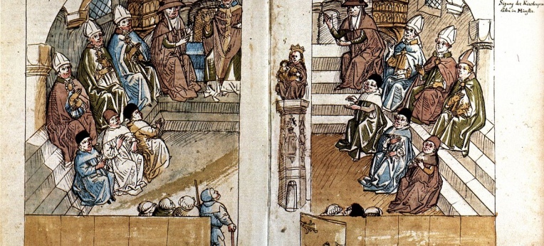 Konzilssitzung im Konstanzer Münster (aus der Chronik des Konzils von Konstanz des Ulrich Richental)