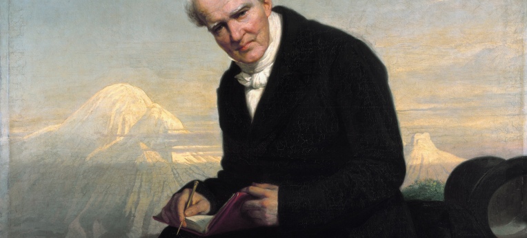 Das letzte Porträt von Alexander von Humboldt von Julius Schrader (1859). Im Hintergrund der Chimborazo.