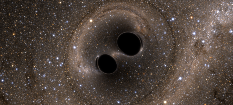 Aus zwei mach eins: Künstlerische Darstellung der Kollision zweier Schwarzer Löcher. Bei diesem Todestanz werden Gravitationswellen freigesetzt. 