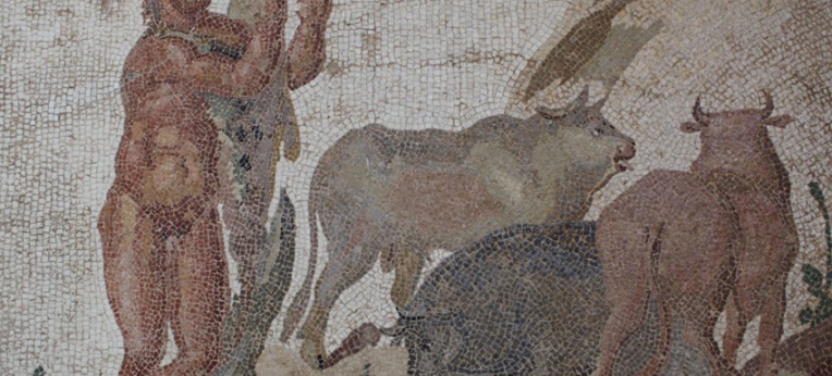 Bukolische Szene mit Rindern, Römisches Mosaik