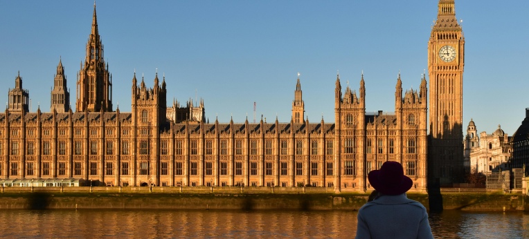 Eine Frau blickt auf das britische Parlamentsgebäude
