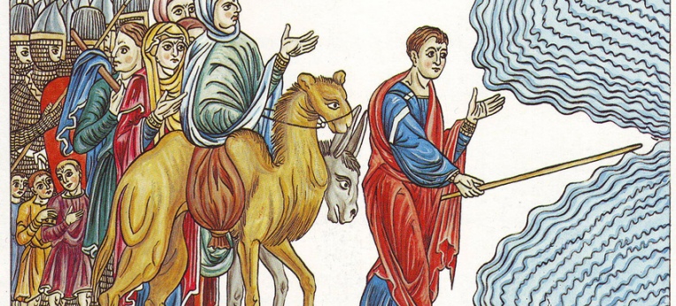 Hortus Deliciarum, Moses führt das Volk Israel durch das Rote Meer