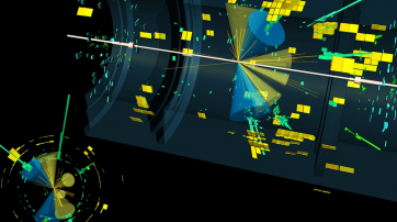 Ein Kollisionsereignis im Atlas-Detektor: Ein Higgs-Boson koppelt an ein Top-Quark