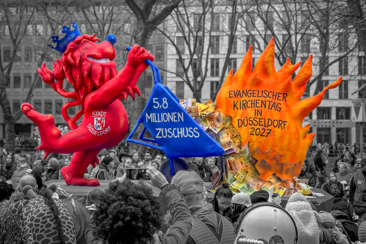 Satirische Darstellung: Kirchentagsfinanzierung in Düsseldorf