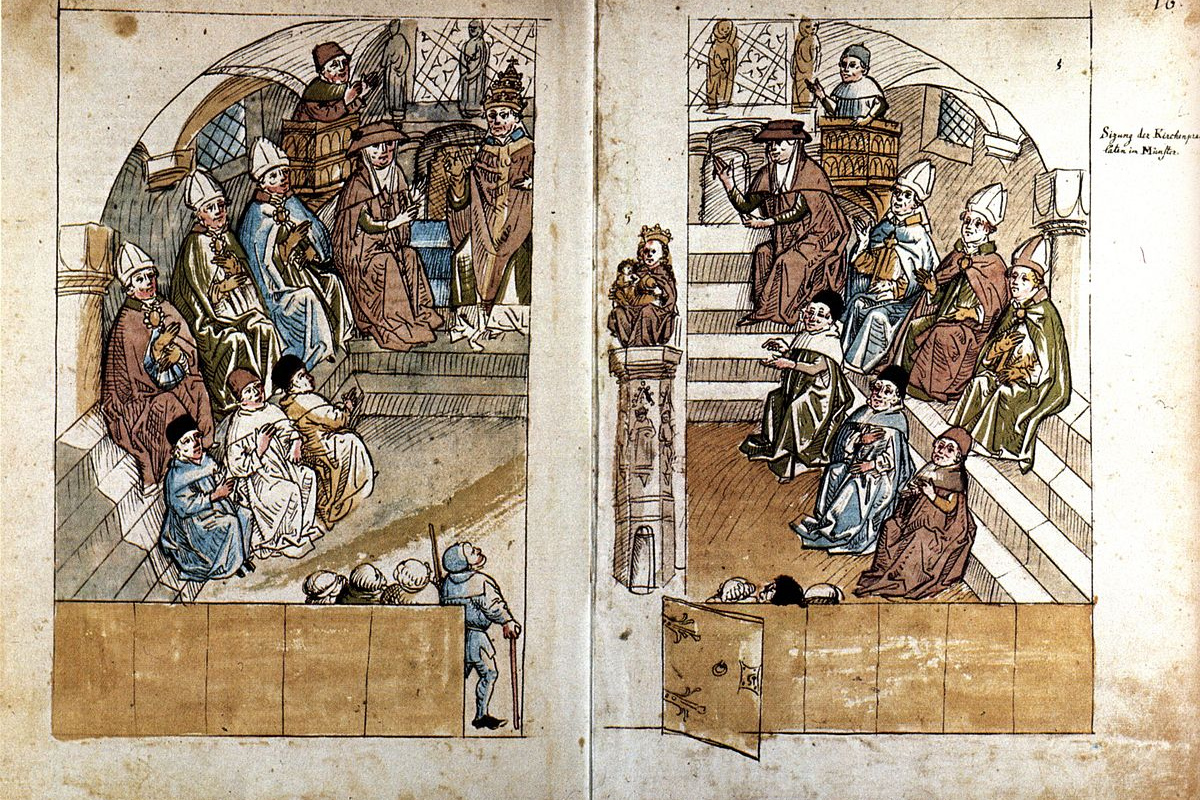 Konzilssitzung im Konstanzer Münster (aus der Chronik des Konzils von Konstanz des Ulrich Richental)
