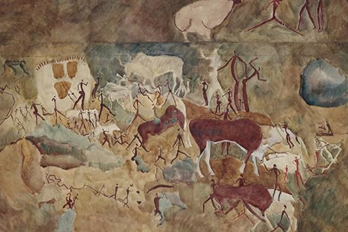 Elenantilopenbüffel und Menschen - Aquarell von Maria Weyersberg (1929)