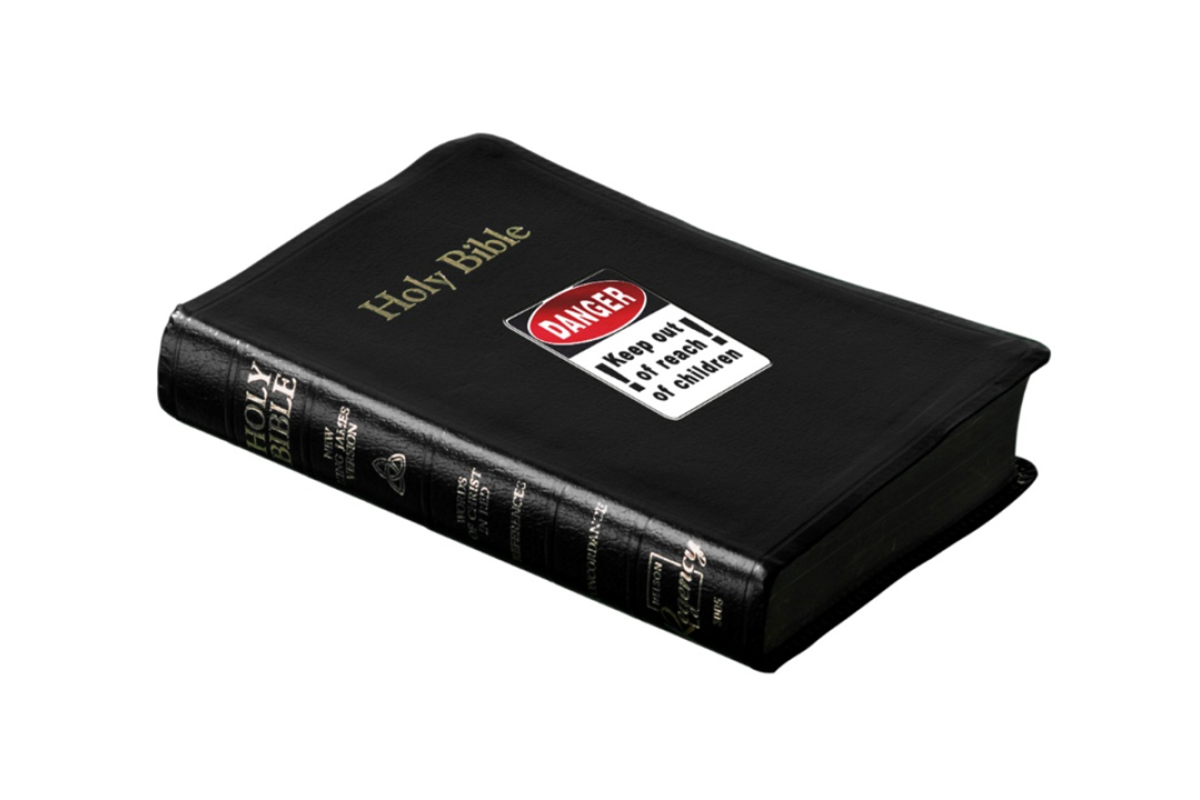 Bibel mit Warnhinweis für Kinder