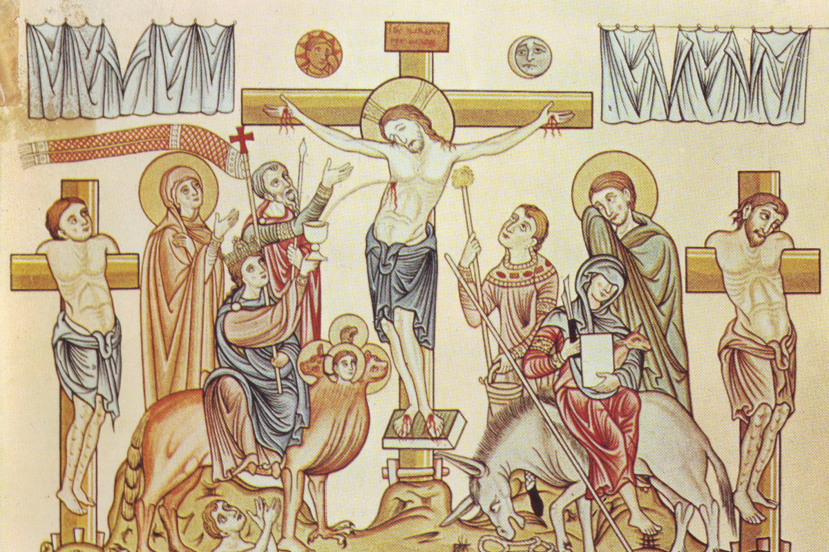 Die Kreuzigung Jesu Christi, Illustration aus dem Hortus Deliciarum der Herrad von Landsberg (12. Jahrhundert)