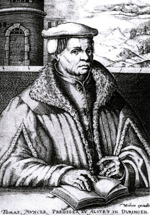 Älteste, allerdings nachträgliche und nicht verbürgte Darstellung Thomas Müntzers aus dem Jahr 1608; Kupferstich von Christoph van Sichem (gemeinfrei)